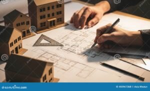 architect drafting building plans on desk