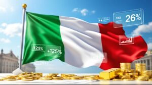 bilancio fiscale con monete e bandiera italiana