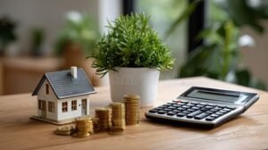 calcolatrice casa e monete su tavolo