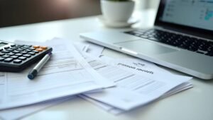 calcolatrice con documenti fiscali e laptop