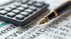 calcolatrice documento finanziario e penna elegante