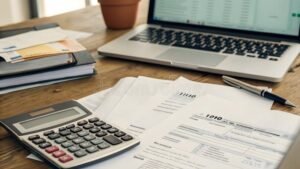 calcolatrice e moduli fiscali sulla scrivania