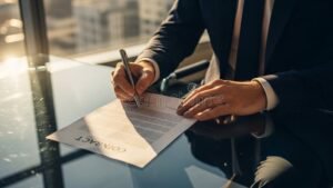 contratto commerciale firmato su tavolo elegante