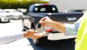 professionista al lavoro con auto aziendale parcheggiata vicino